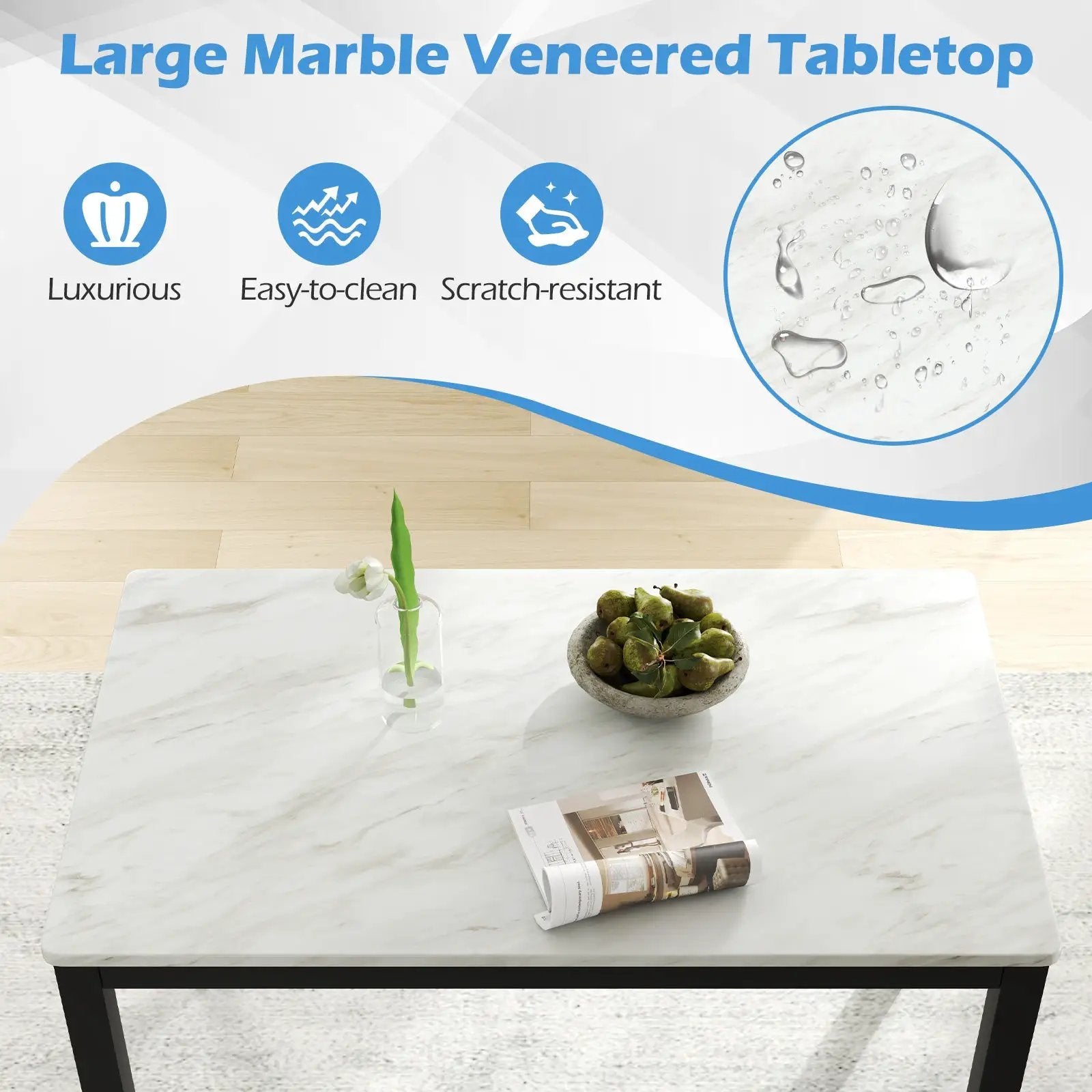45 Inch Rectangular Mid Century Dining Table with Faux Marble Tabletop for 4 People-Black & White by DirectDeals