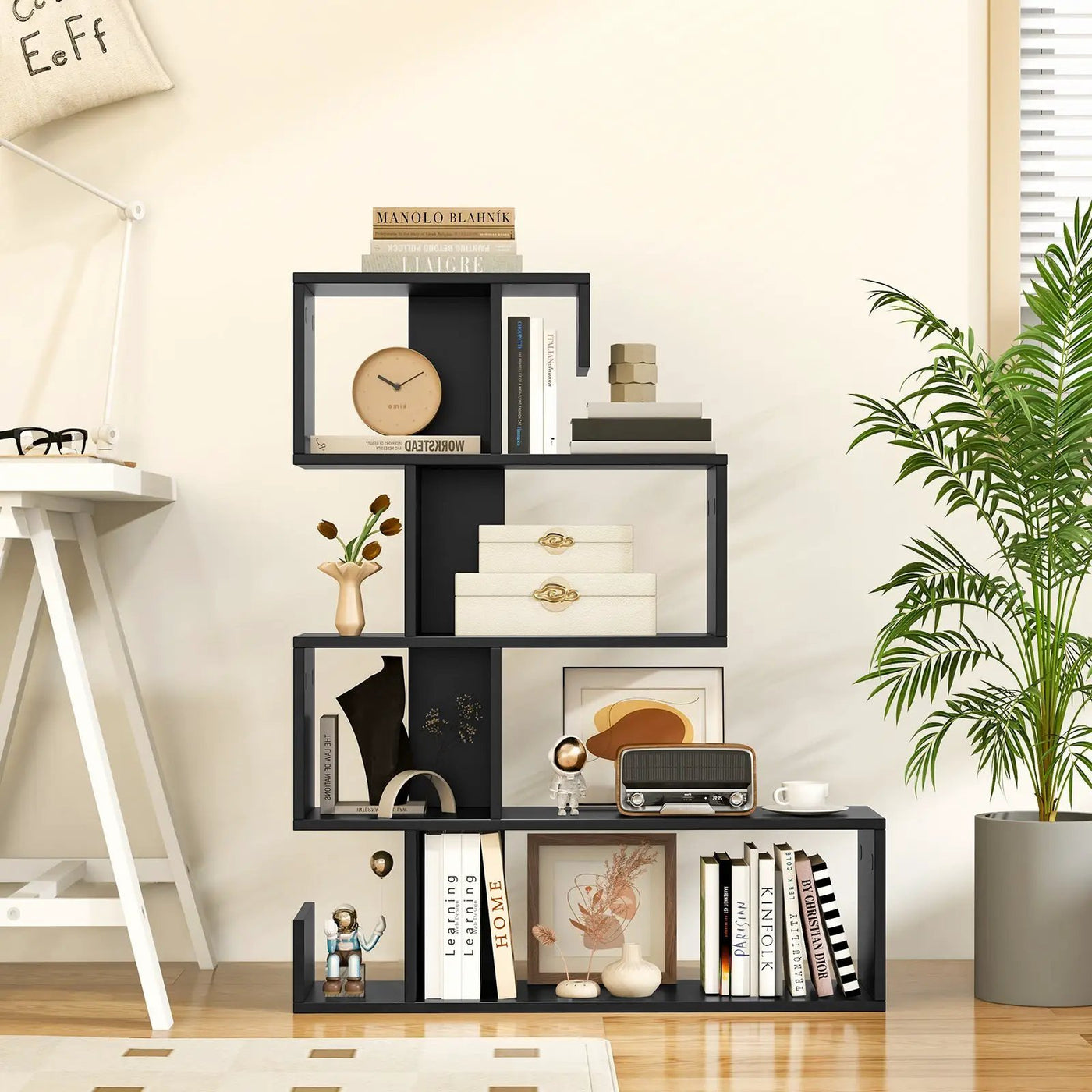 5-Tier S-Shaped Bookshelf Geometric Z-Shelf Bookcase with Open Cubes by DirectDeals