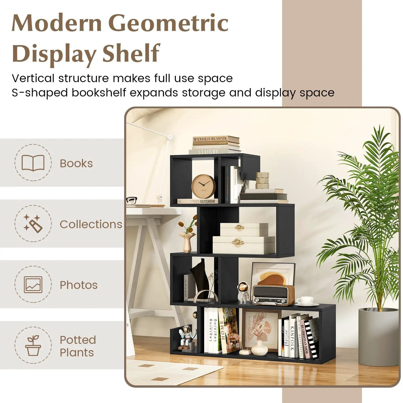 5-Tier S-Shaped Bookshelf Geometric Z-Shelf Bookcase with Open Cubes by DirectDeals