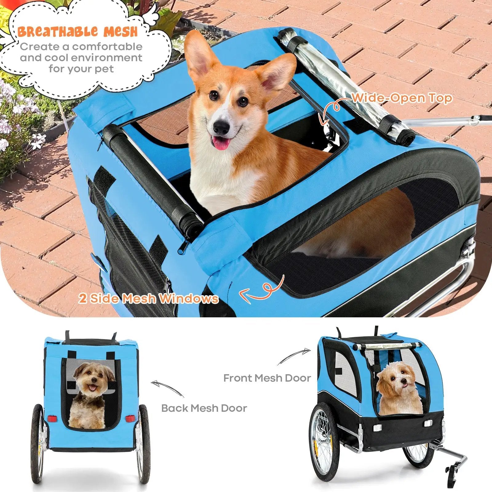Dog Bike Trailer Foldable Pet Cart with 3 Entrances for Travel by DirectDeals
