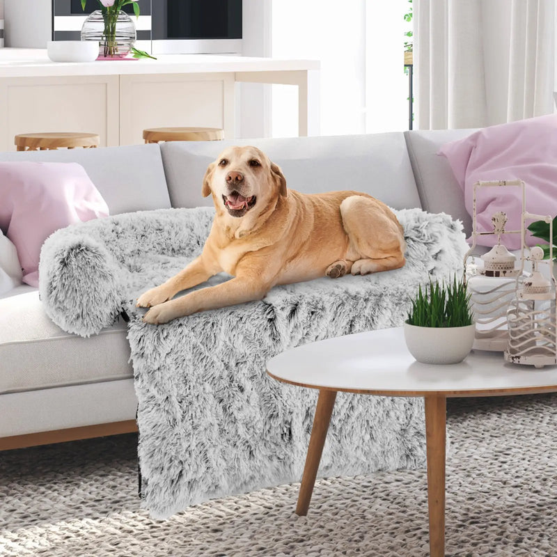 Gray Plush Calming Dog Couch Bed with Anti-Slip Bottom by DirectDeals