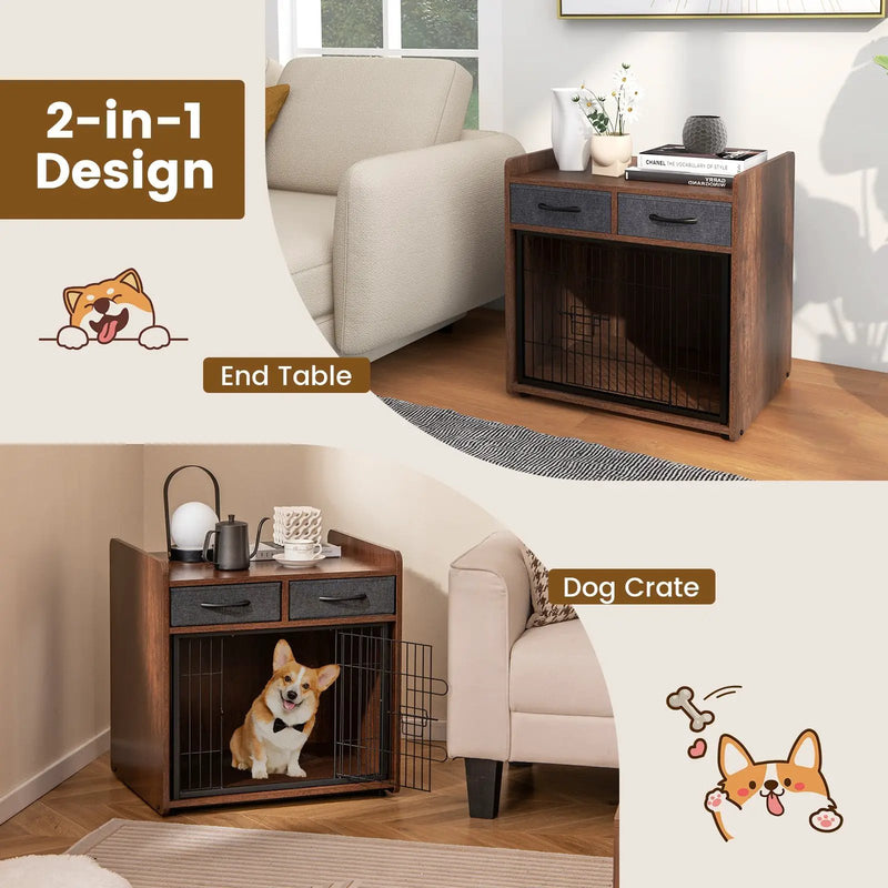Dog Crate Furniture Indoor Dog Cage with 2 Fabric Drawers End Table by DirectDeals