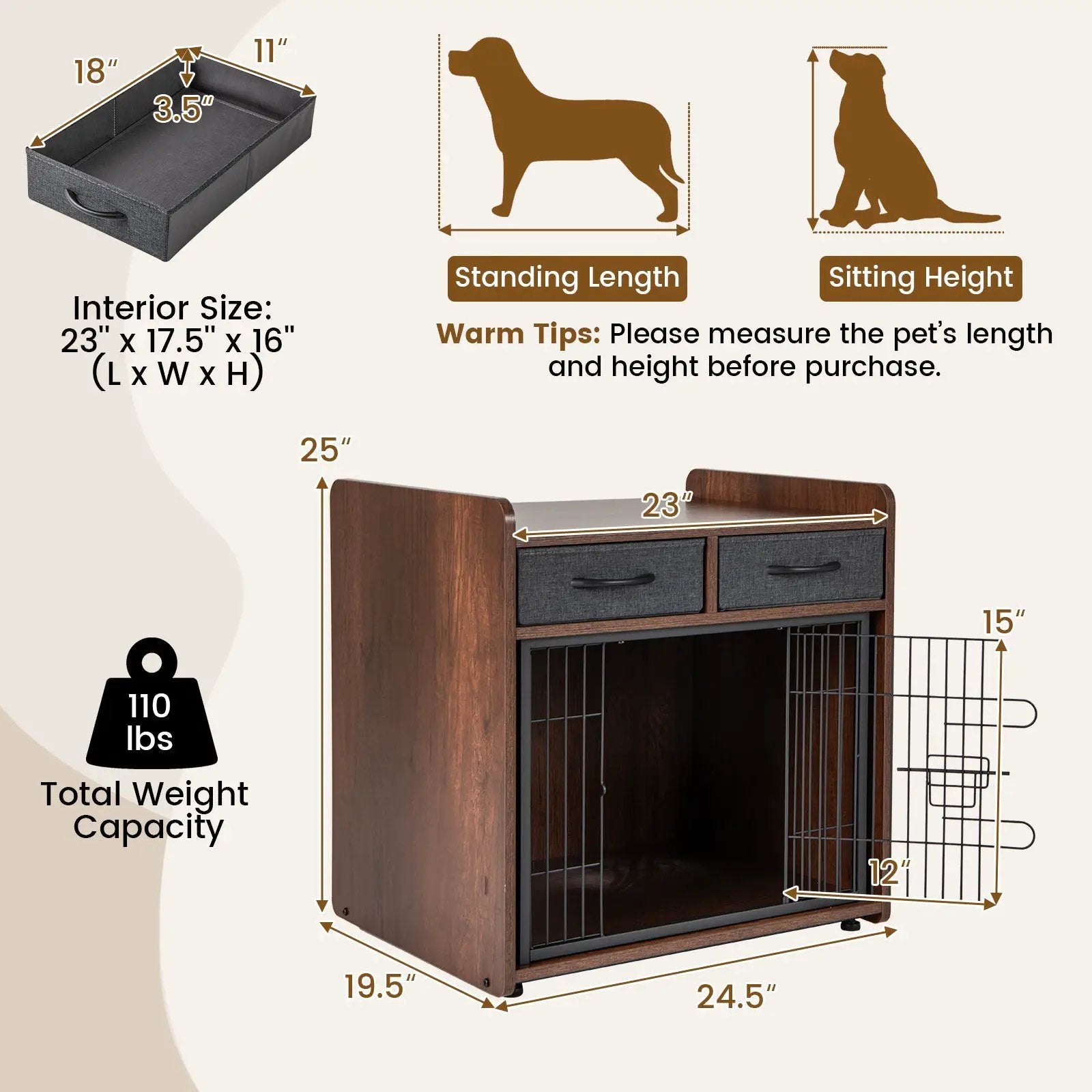 Dog Crate Furniture Indoor Dog Cage with 2 Fabric Drawers End Table by DirectDeals