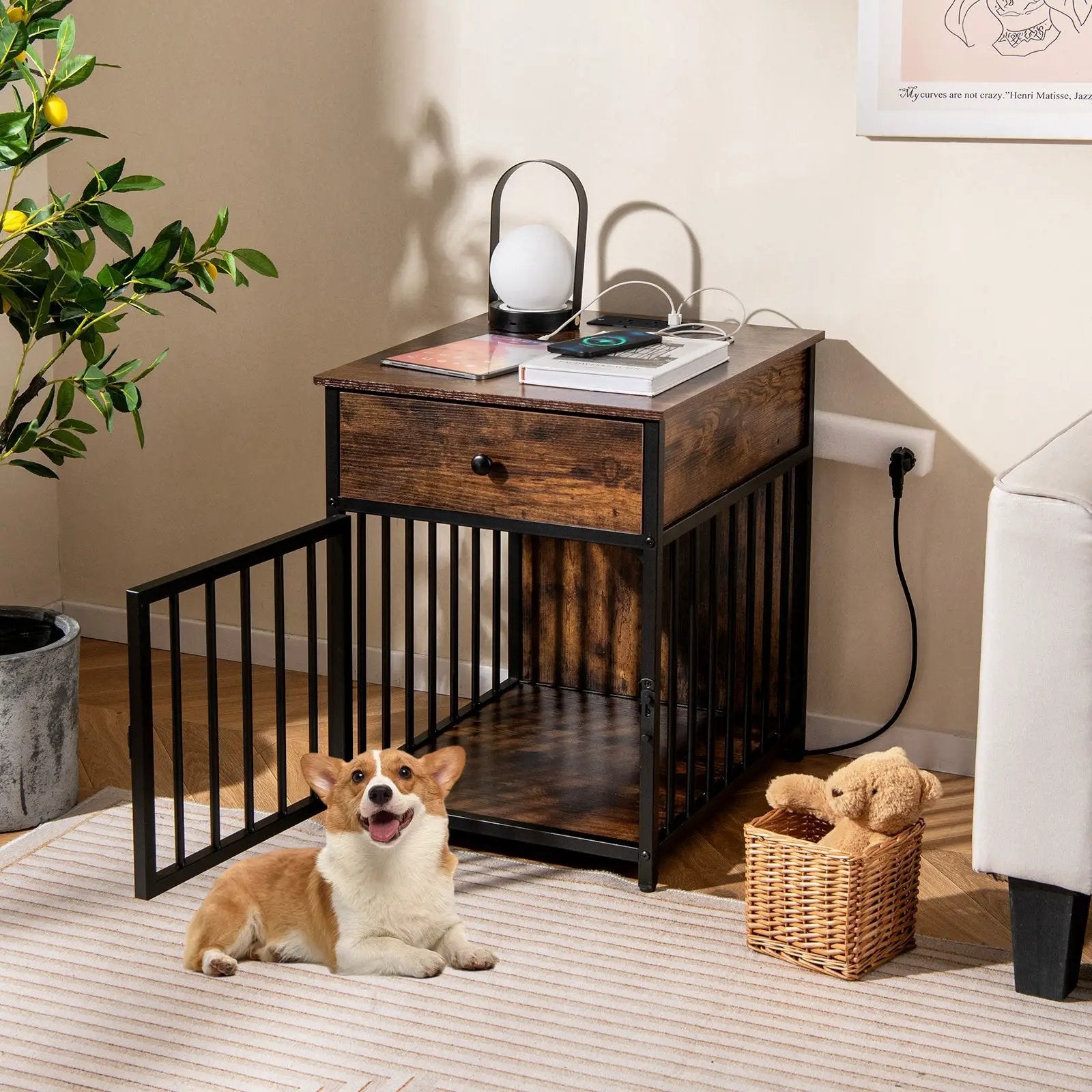 Dog Crate Furniture for Small Dogs Wooden Puppy Kennel with Charging Station-Rustic Brown by DirectDeals