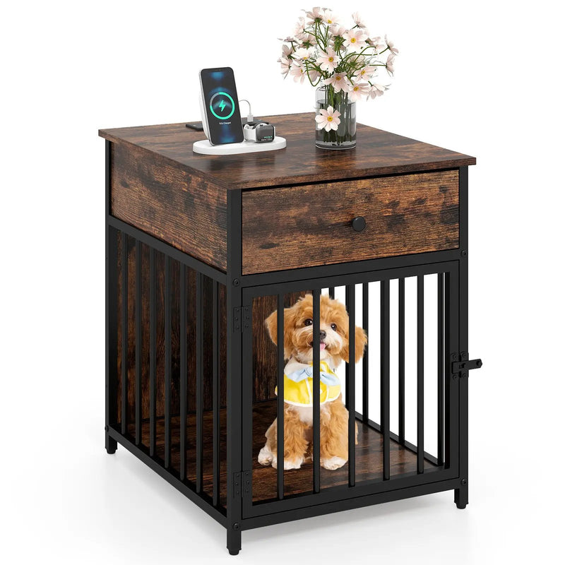Dog Crate Furniture for Small Dogs Wooden Puppy Kennel with Charging Station-Rustic Brown by DirectDeals