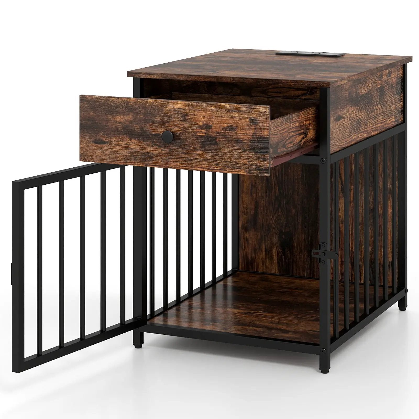 Dog Crate Furniture for Small Dogs Wooden Puppy Kennel with Charging Station-Rustic Brown by DirectDeals