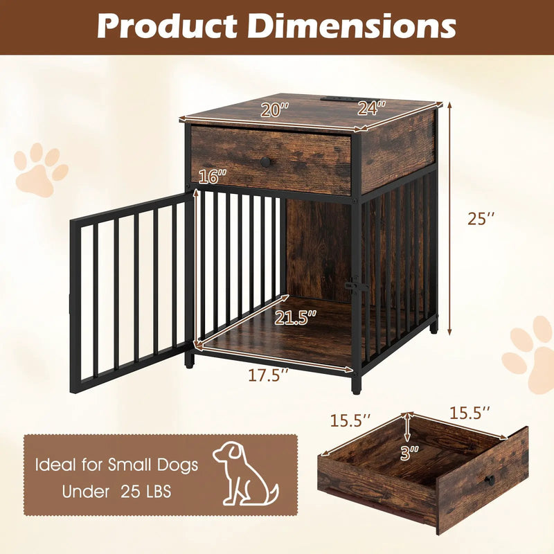 Dog Crate Furniture for Small Dogs Wooden Puppy Kennel with Charging Station-Rustic Brown by DirectDeals