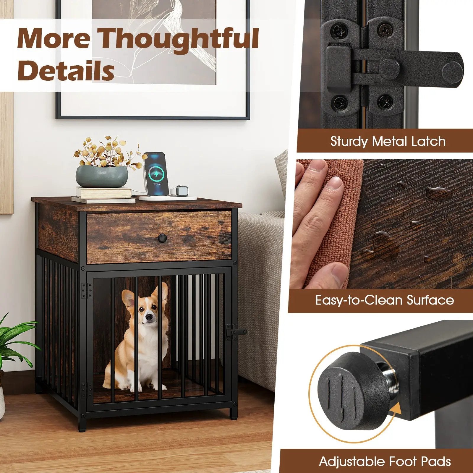 Dog Crate Furniture for Small Dogs Wooden Puppy Kennel with Charging Station-Rustic Brown by DirectDeals