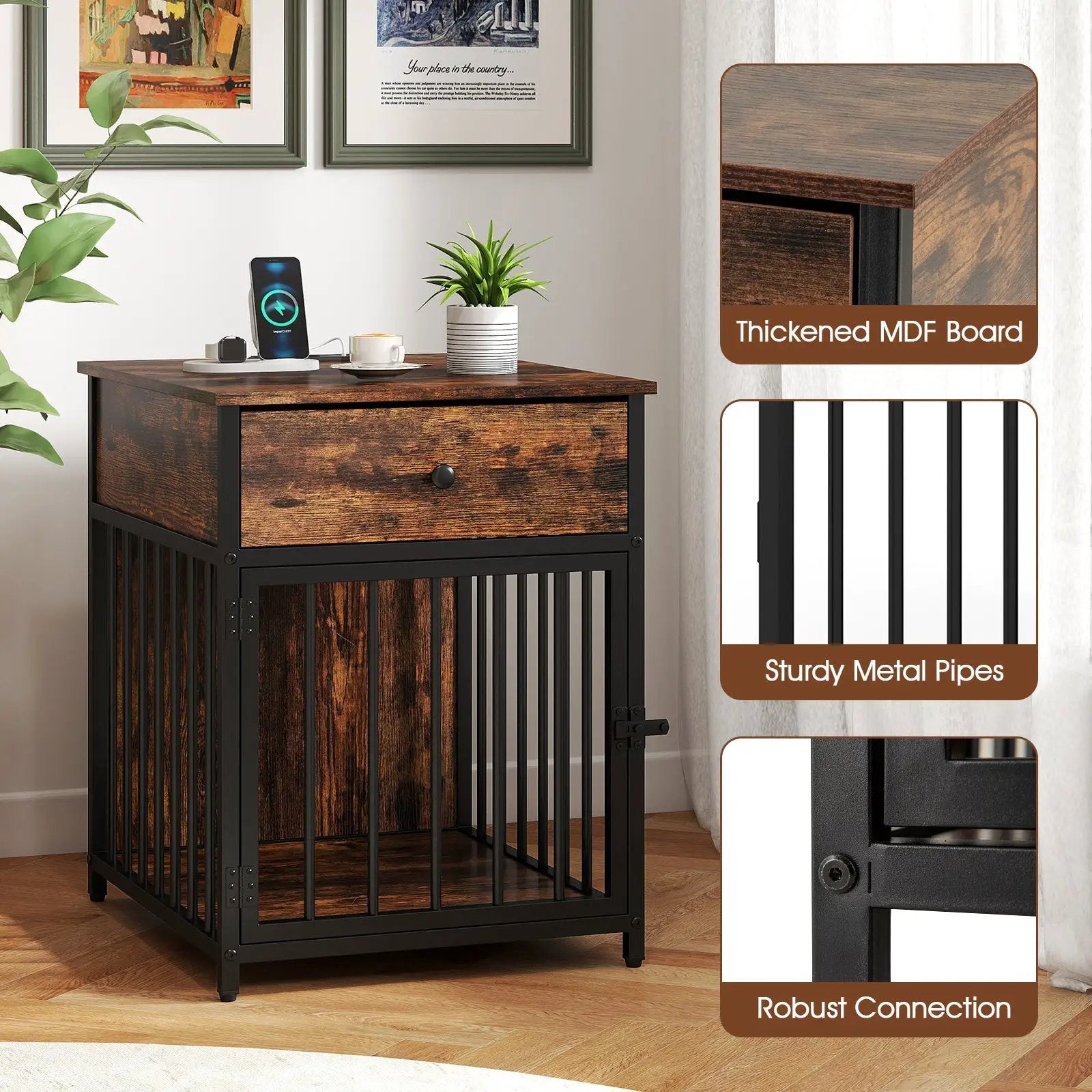 Dog Crate Furniture for Small Dogs Wooden Puppy Kennel with Charging Station-Rustic Brown by DirectDeals