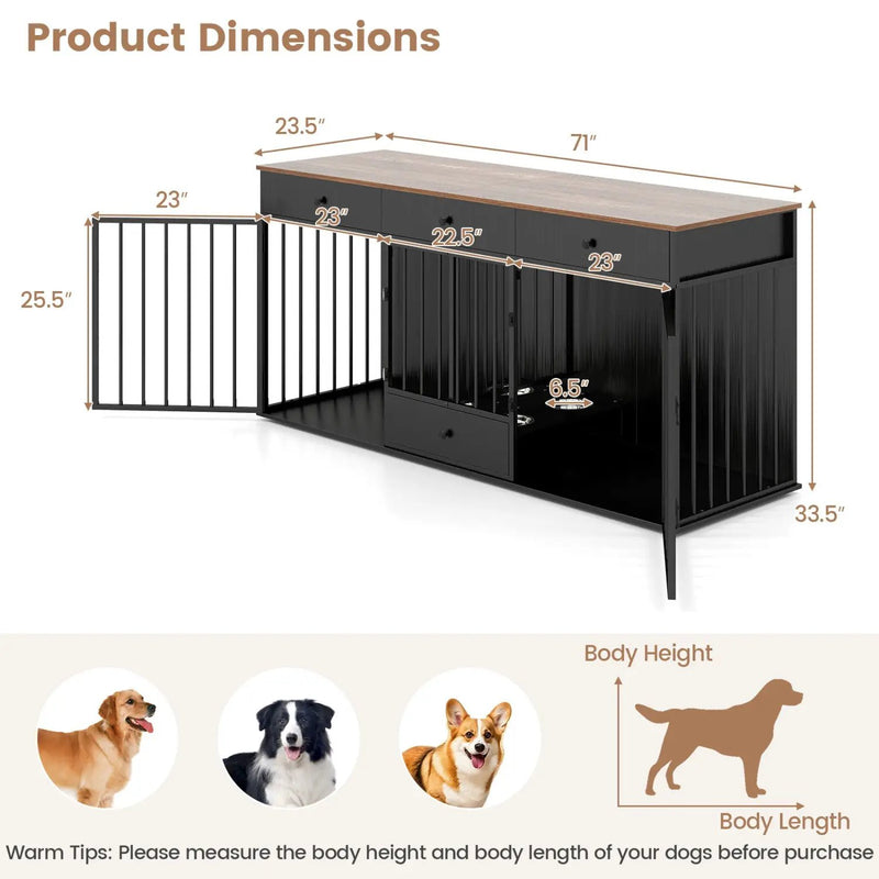 Dog Crate Furniture Indoor Modern Dog Kennel with Divider 3 Drawers and Pull-out Feeder by DirectDeals