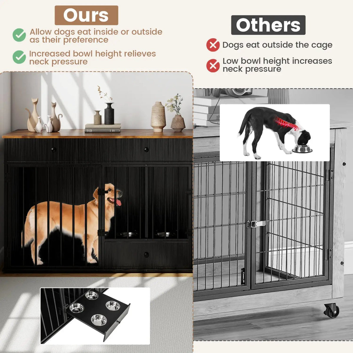 Dog Crate Furniture Indoor Modern Dog Kennel with Divider 3 Drawers and Pull-out Feeder by DirectDeals