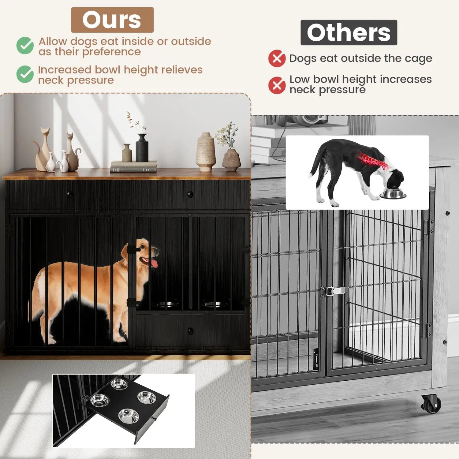 Dog Crate Furniture Indoor Modern Dog Kennel with Divider 3 Drawers and Pull-out Feeder by DirectDeals
