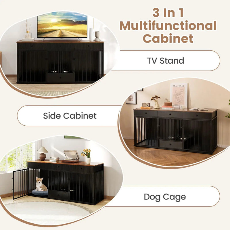 Dog Crate Furniture Indoor Modern Dog Kennel with Divider 3 Drawers and Pull-out Feeder by DirectDeals