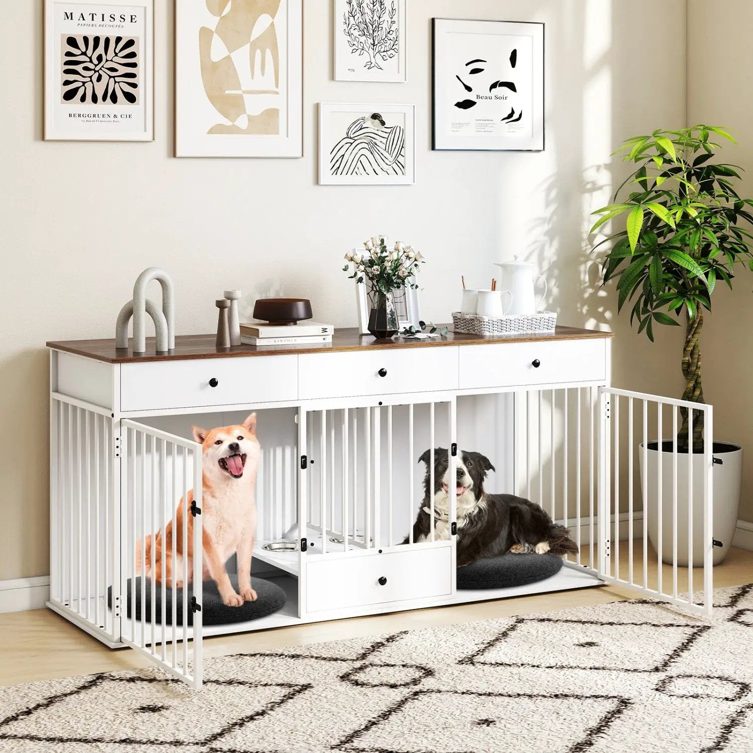 Dog Crate Furniture Indoor Modern Dog Kennel with Divider 3 Drawers and Pull-out Feeder by DirectDeals