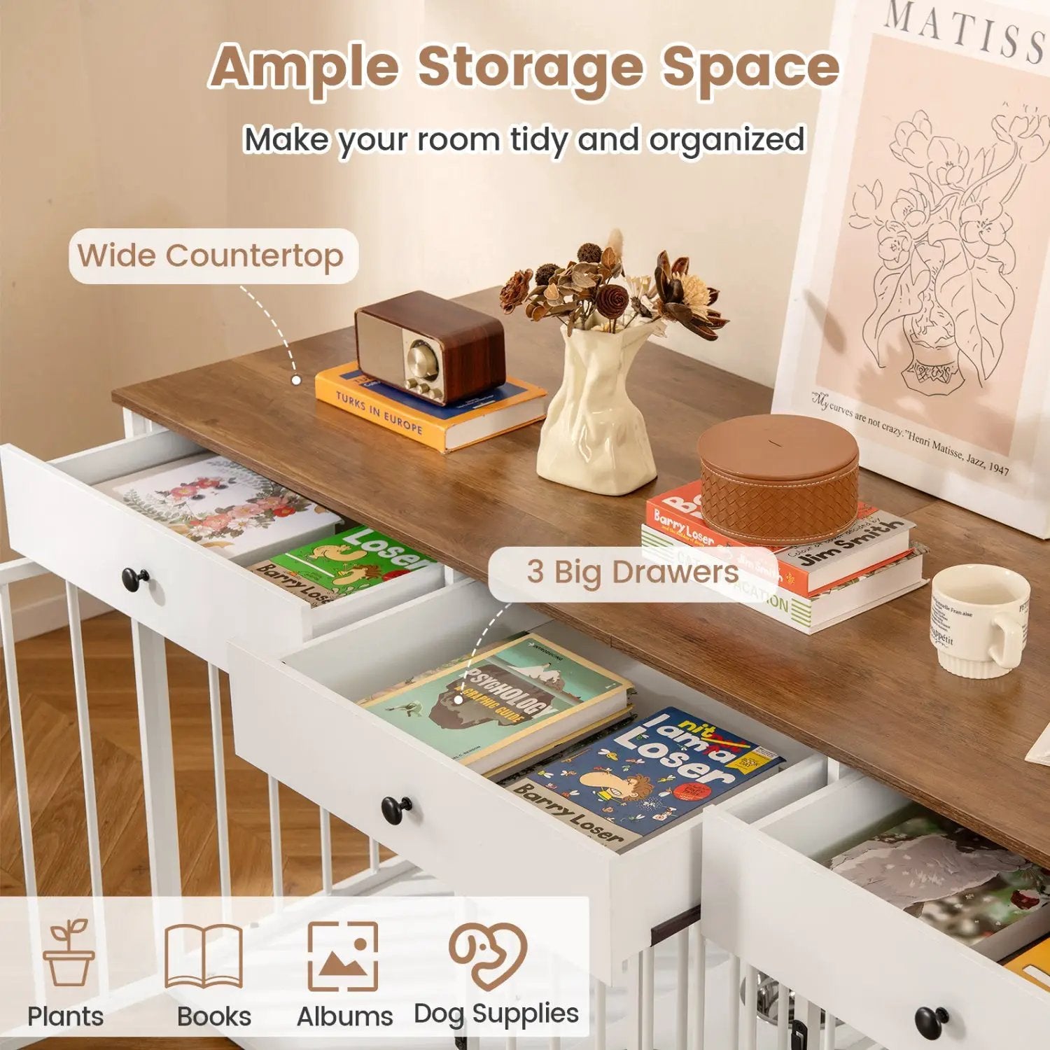 Dog Crate Furniture Indoor Modern Dog Kennel with Divider 3 Drawers and Pull-out Feeder by DirectDeals