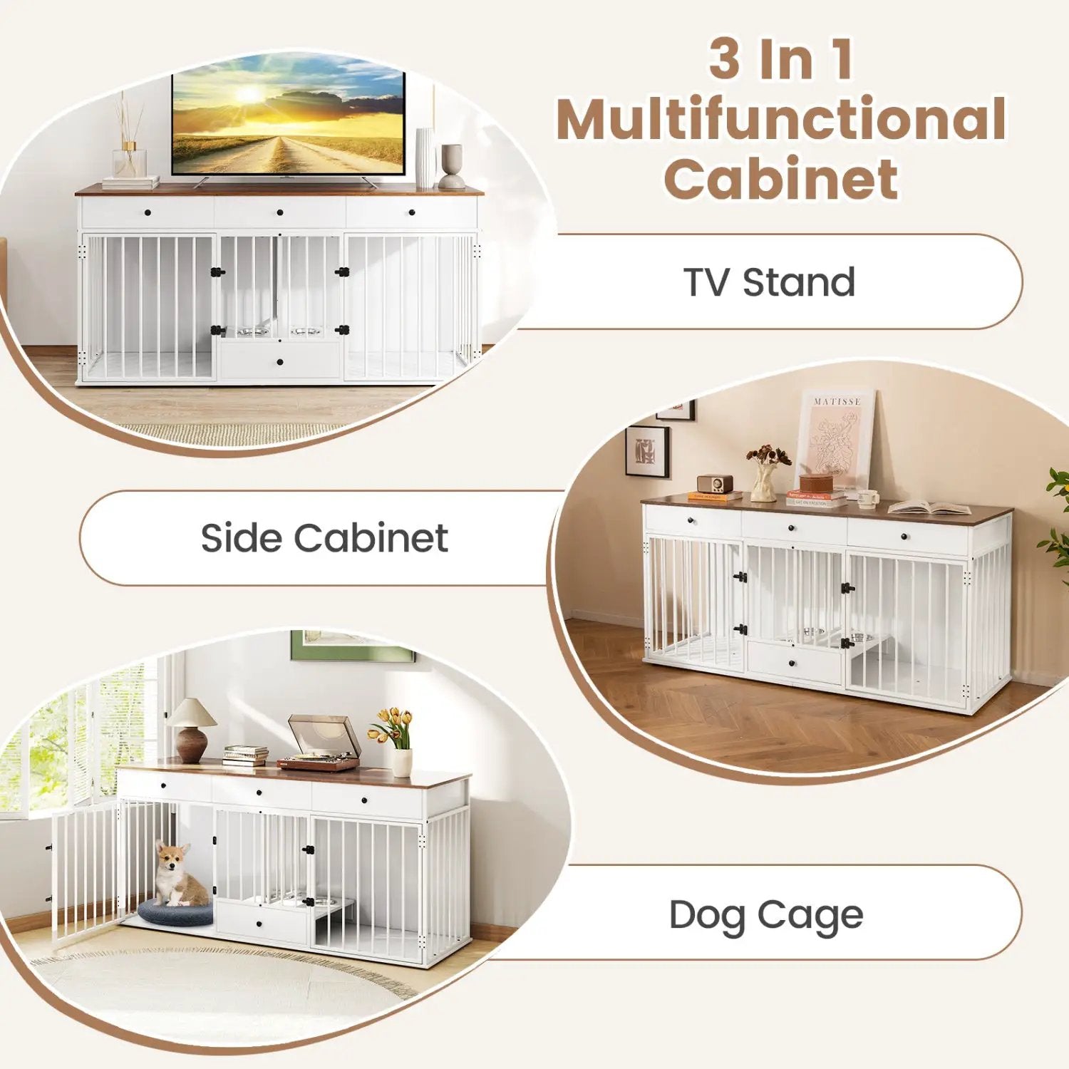 Dog Crate Furniture Indoor Modern Dog Kennel with Divider 3 Drawers and Pull-out Feeder by DirectDeals