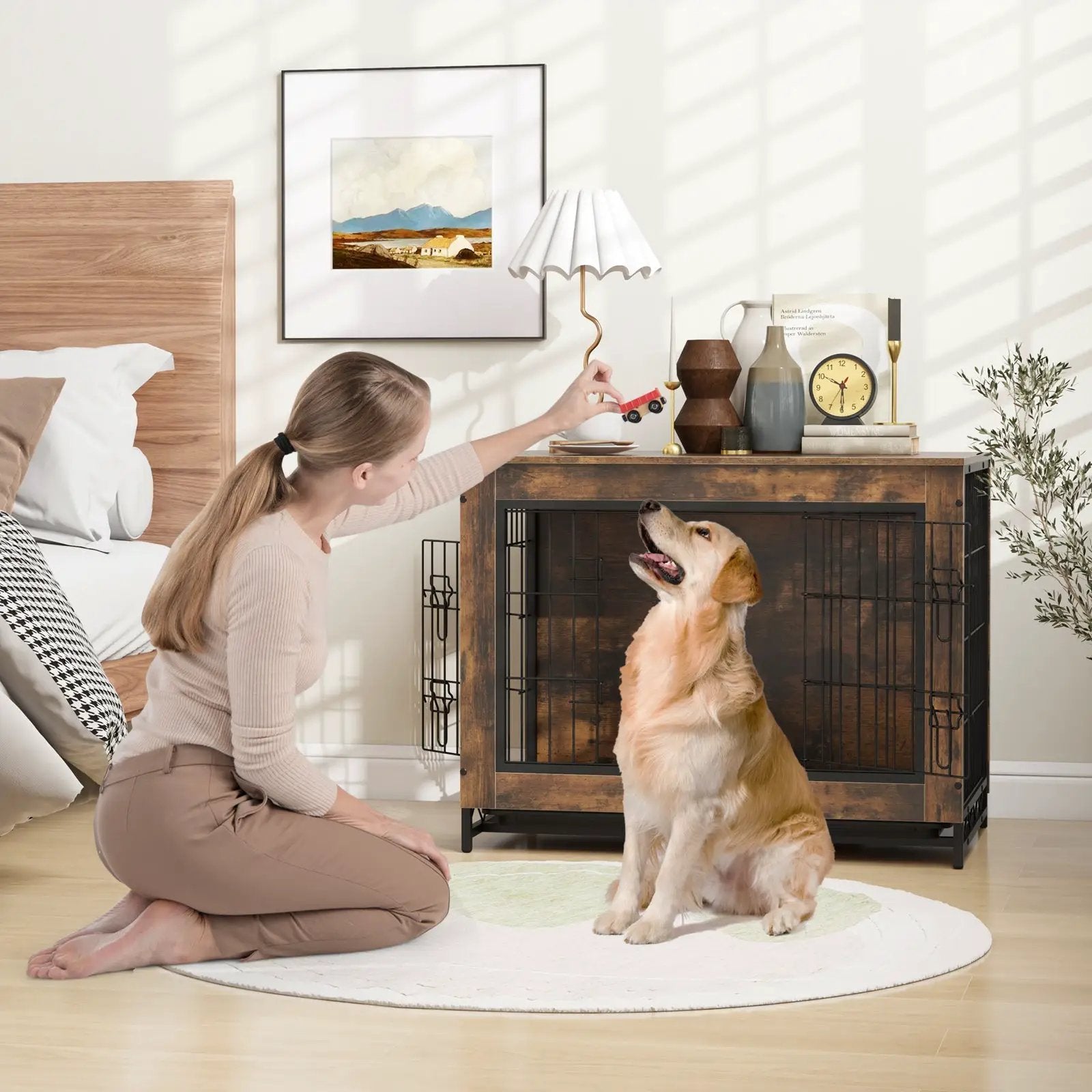 Dog Crate Furniture with Double Lockable Doors and Removable Pull-out Tray by DirectDeals