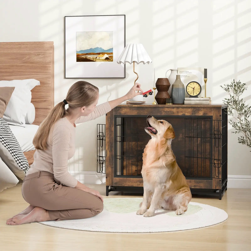 Dog Crate Furniture with Double Lockable Doors and Removable Pull-out Tray by DirectDeals