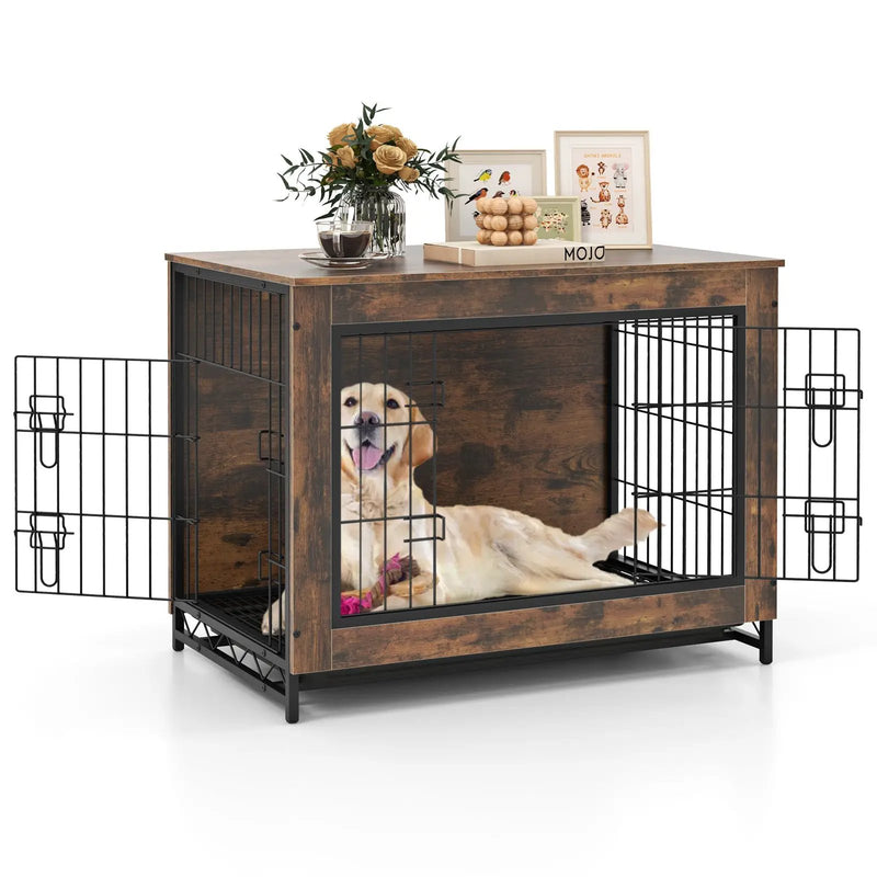 Dog Crate Furniture with Double Lockable Doors and Removable Pull-out Tray by DirectDeals