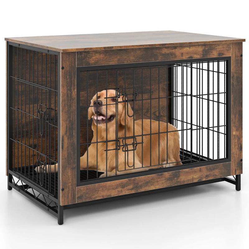 Dog Crate Furniture with Double Lockable Doors and Removable Pull-out Tray by DirectDeals