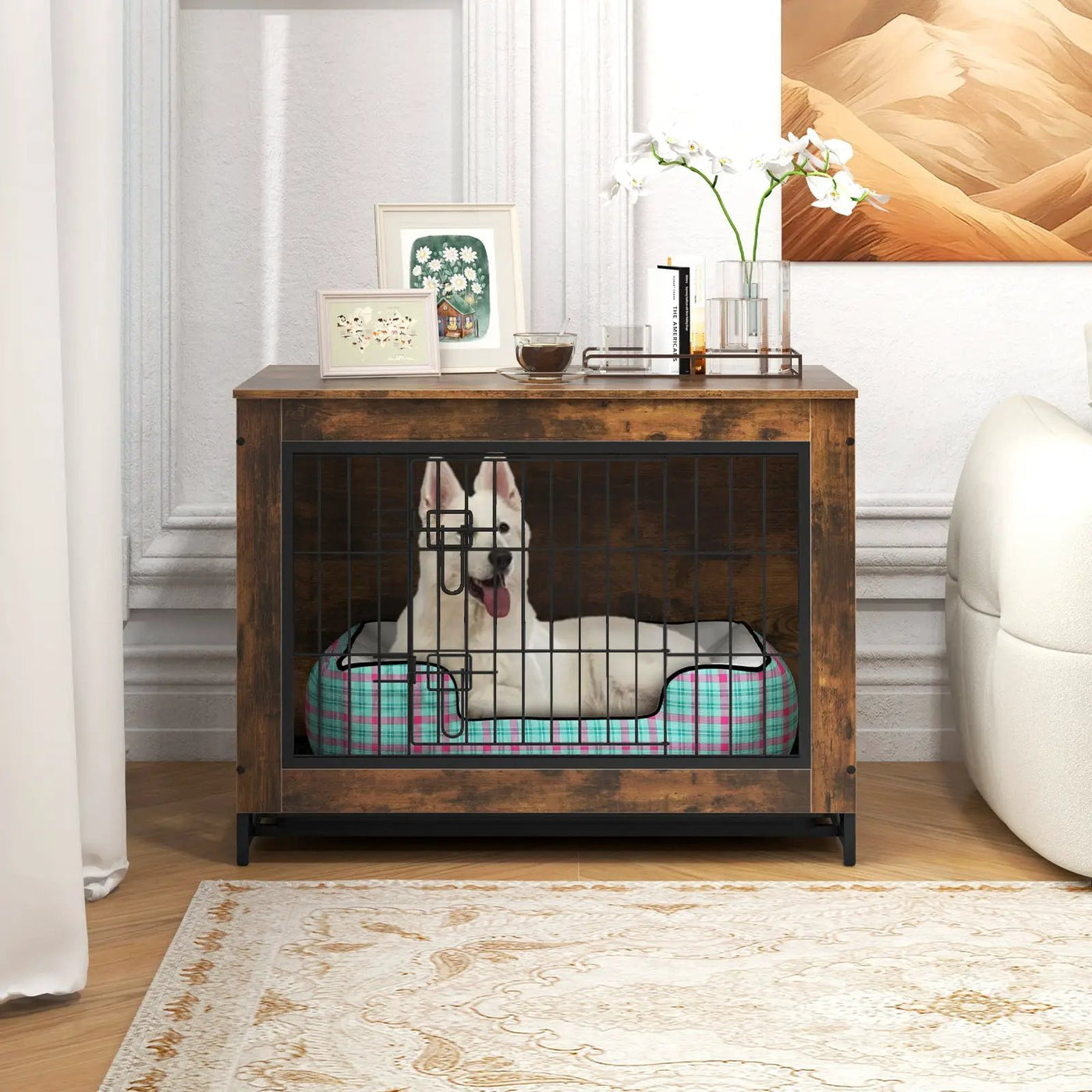 Dog Crate Furniture with Double Lockable Doors and Removable Pull-out Tray by DirectDeals