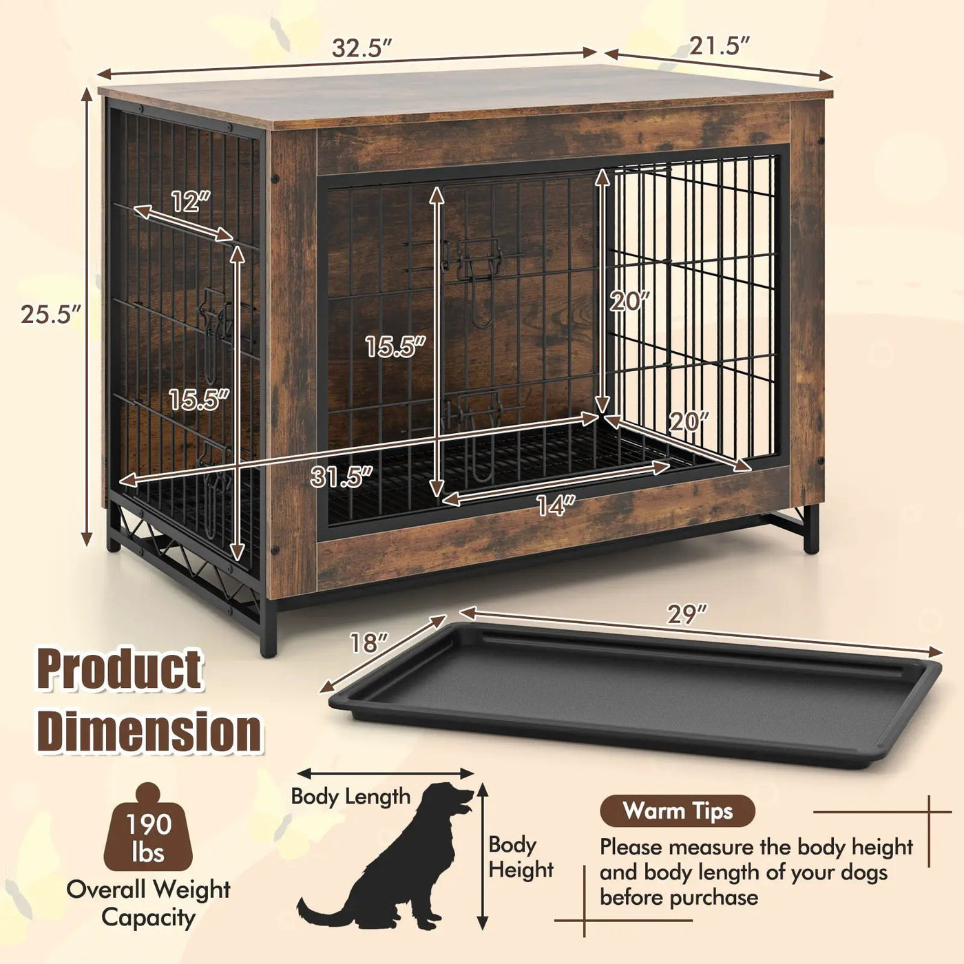 Dog Crate Furniture with Double Lockable Doors and Removable Pull-out Tray by DirectDeals