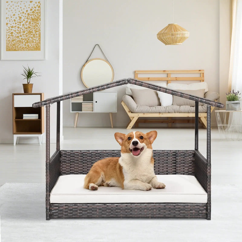 Wicker Dog House with Waterproof Roof and Washable Cushion Cover by DirectDeals
