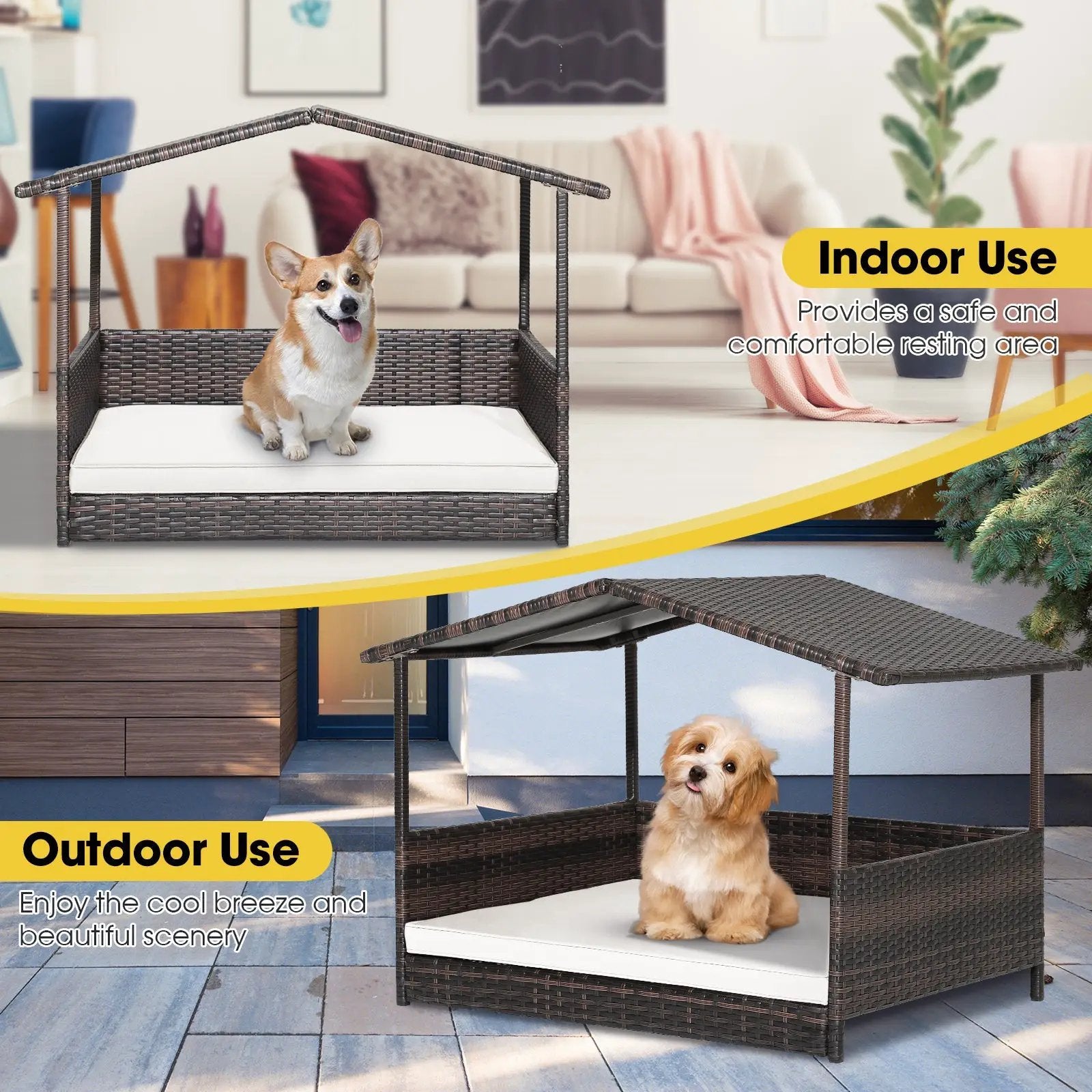 Wicker Dog House with Waterproof Roof and Washable Cushion Cover by DirectDeals