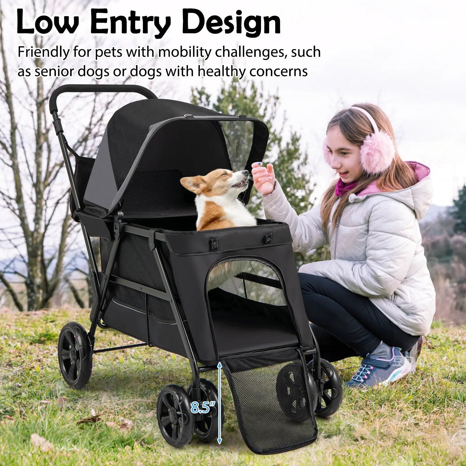 Dog Stroller for Medium Small Senior Elderly Dogs with Dual Entry-Black by DirectDeals