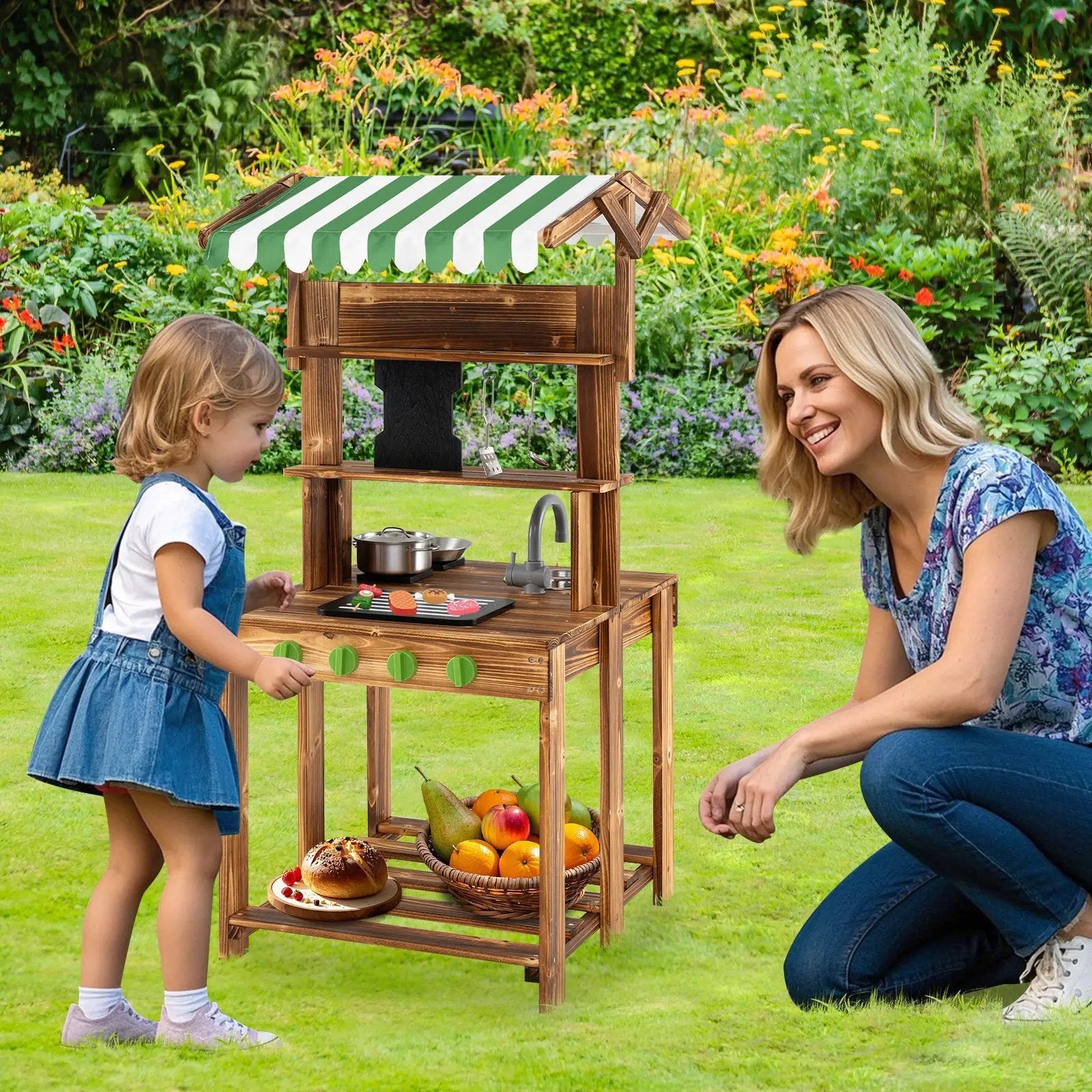 Double-Sided Mud Kitchen with Canopy and Chalkboard for 3+ Years Old-Natural by DirectDeals