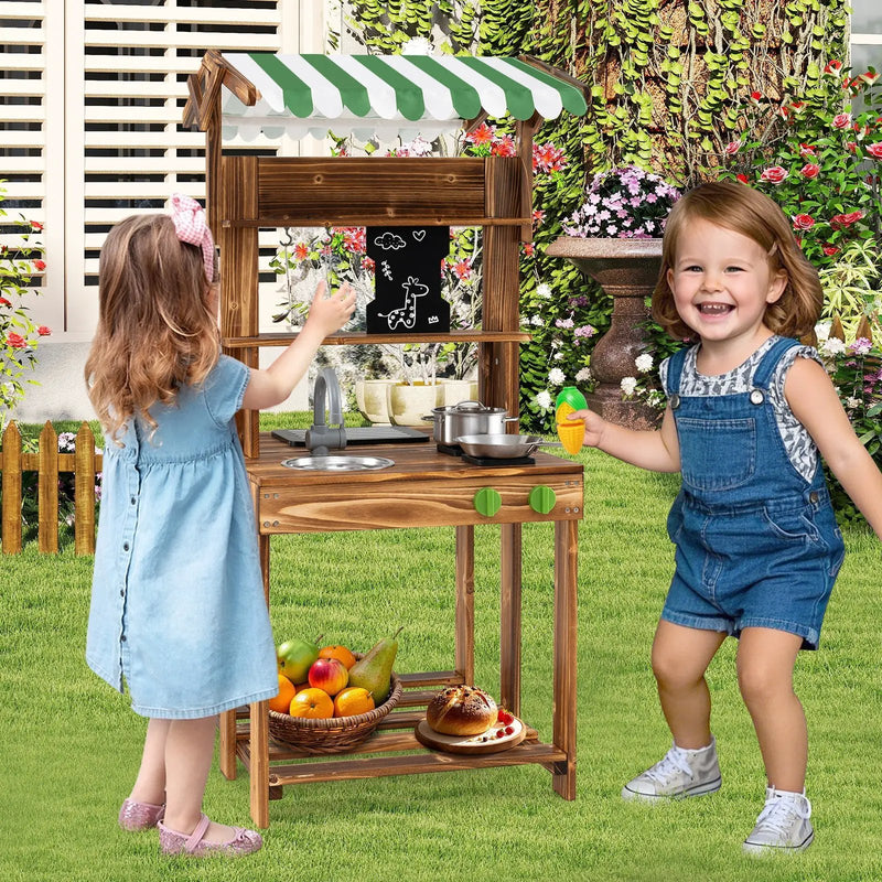 Double-Sided Mud Kitchen with Canopy and Chalkboard for 3+ Years Old-Natural by DirectDeals