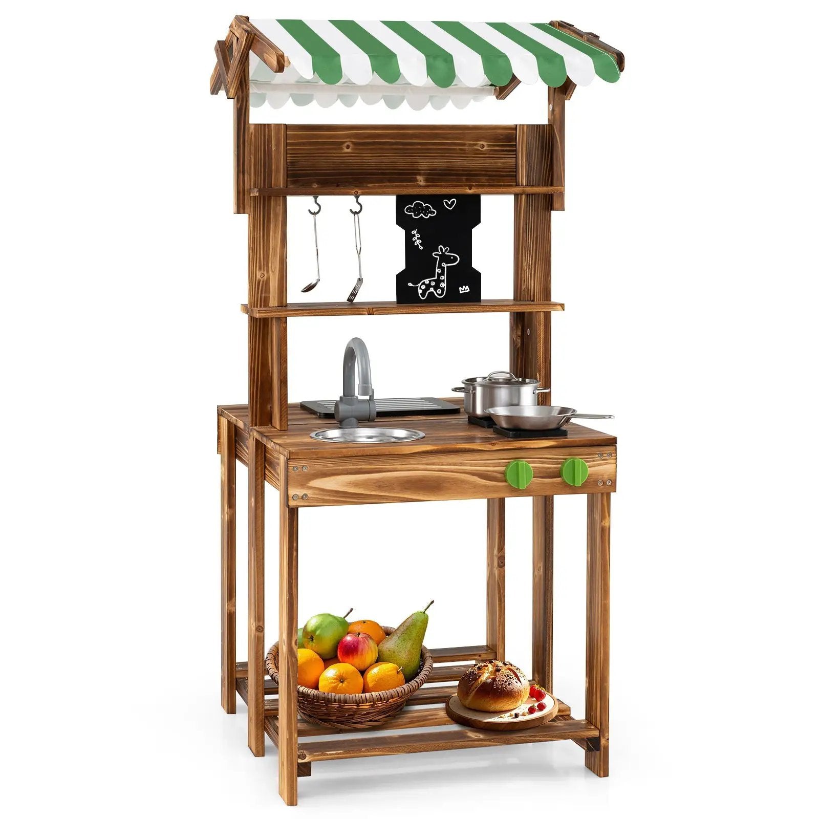 Double-Sided Mud Kitchen with Canopy and Chalkboard for 3+ Years Old-Natural by DirectDeals