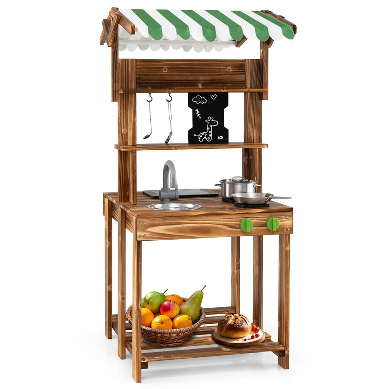 Double-Sided Mud Kitchen with Canopy and Chalkboard for 3+ Years Old-Natural by DirectDeals