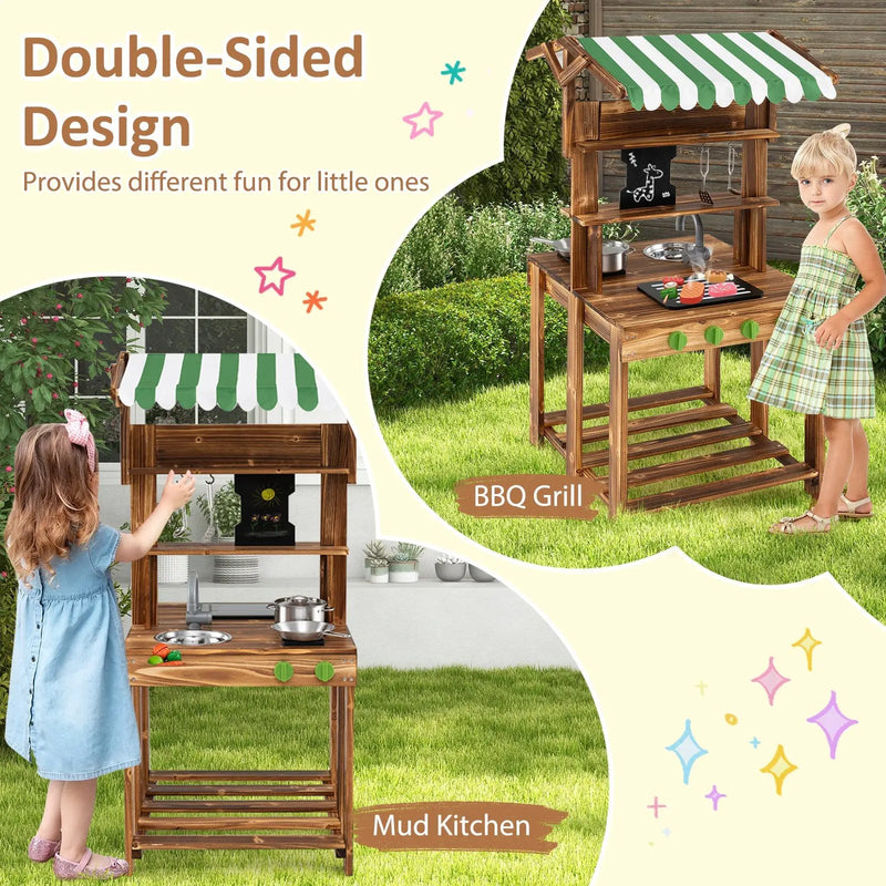 Double-Sided Mud Kitchen with Canopy and Chalkboard for 3+ Years Old-Natural by DirectDeals