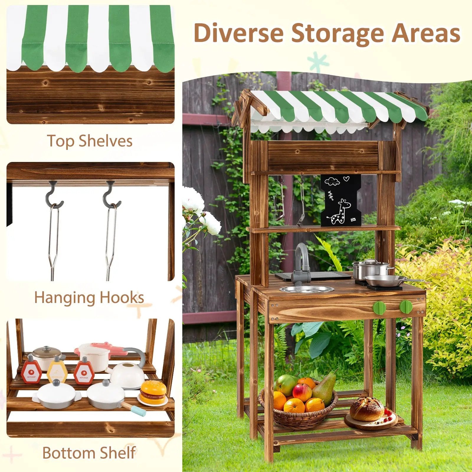 Double-Sided Mud Kitchen with Canopy and Chalkboard for 3+ Years Old-Natural by DirectDeals