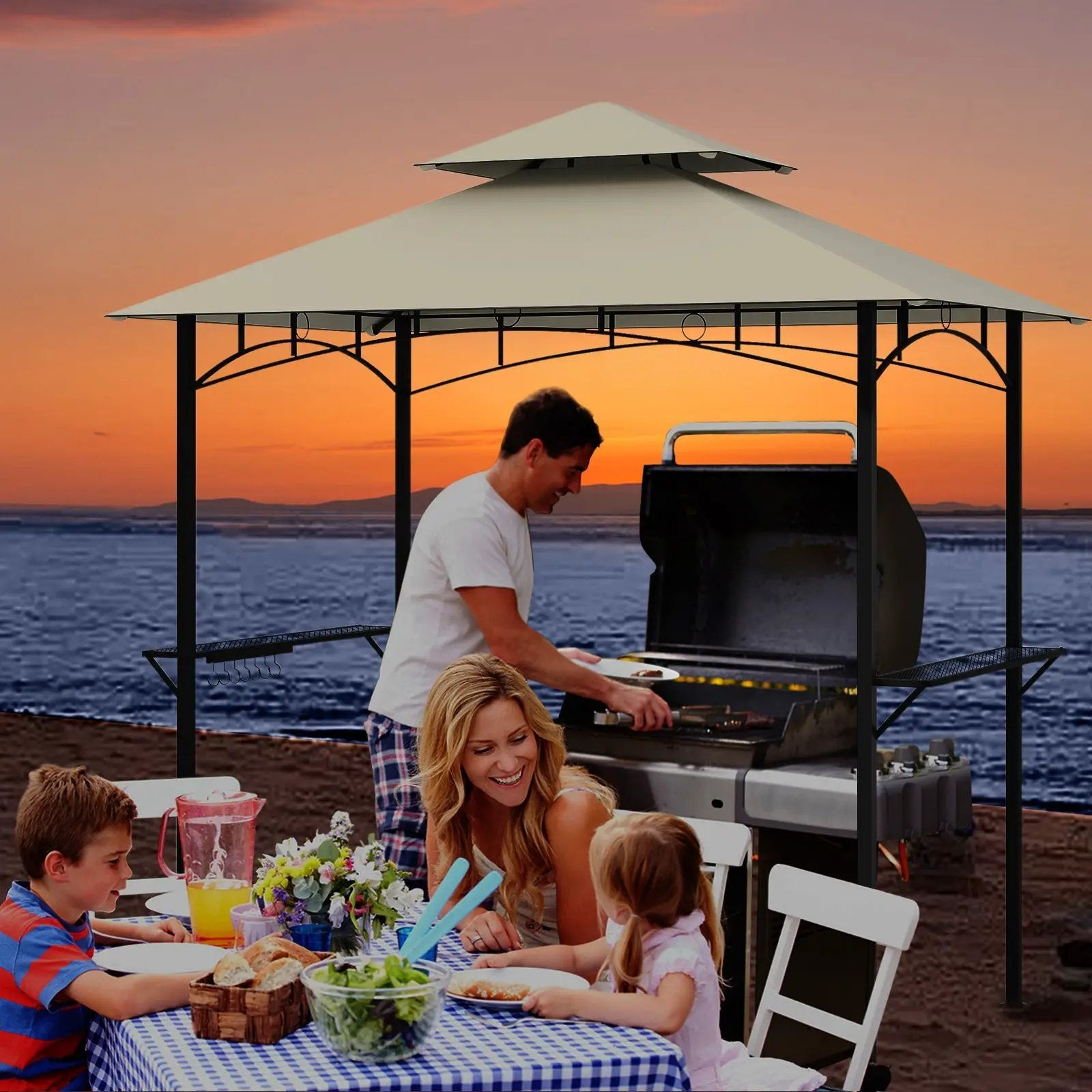 Outdoor Double-Tiered Grill Gazebo Canopy with 2 Shelves and 7 Hooks by DirectDeals