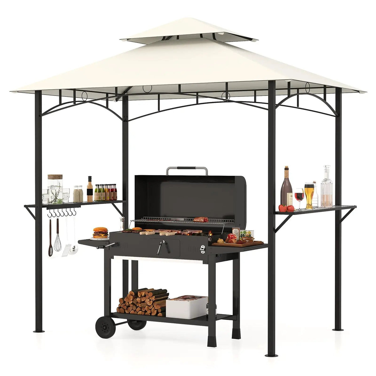 Outdoor Double-Tiered Grill Gazebo Canopy with 2 Shelves and 7 Hooks by DirectDeals