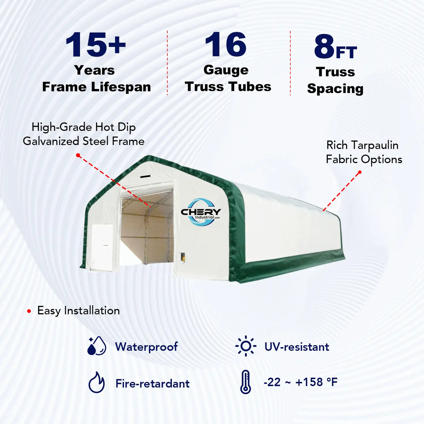 W40'xL80'xH21' Double Truss Storage Shelter, 8' Truss Spacing by Chery Industrial