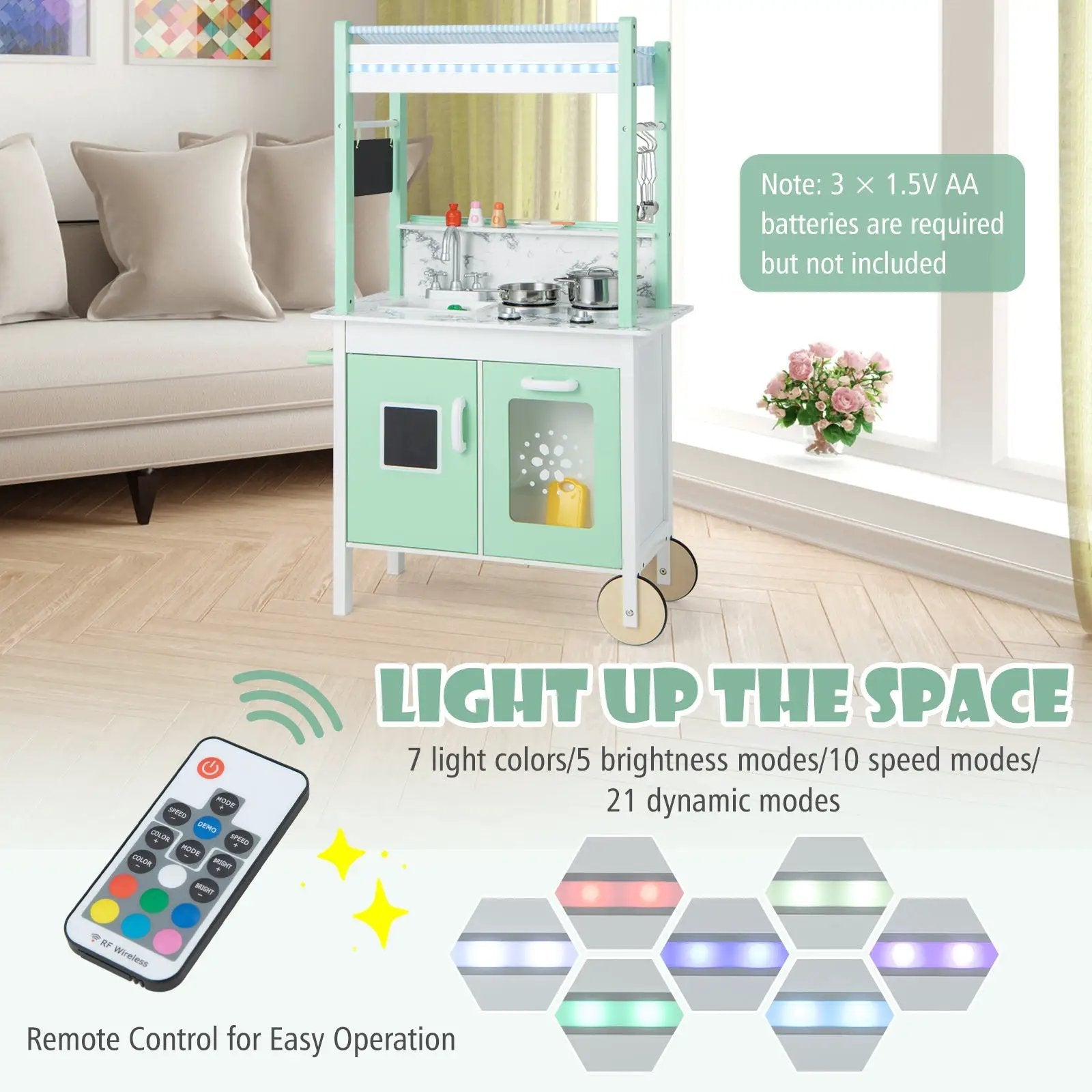 Double-sided Pretend Play Kitchen with Remote Control and LED Light Bars-Green by DirectDeals