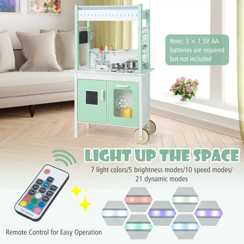 Double-sided Pretend Play Kitchen with Remote Control and LED Light Bars-Green by DirectDeals