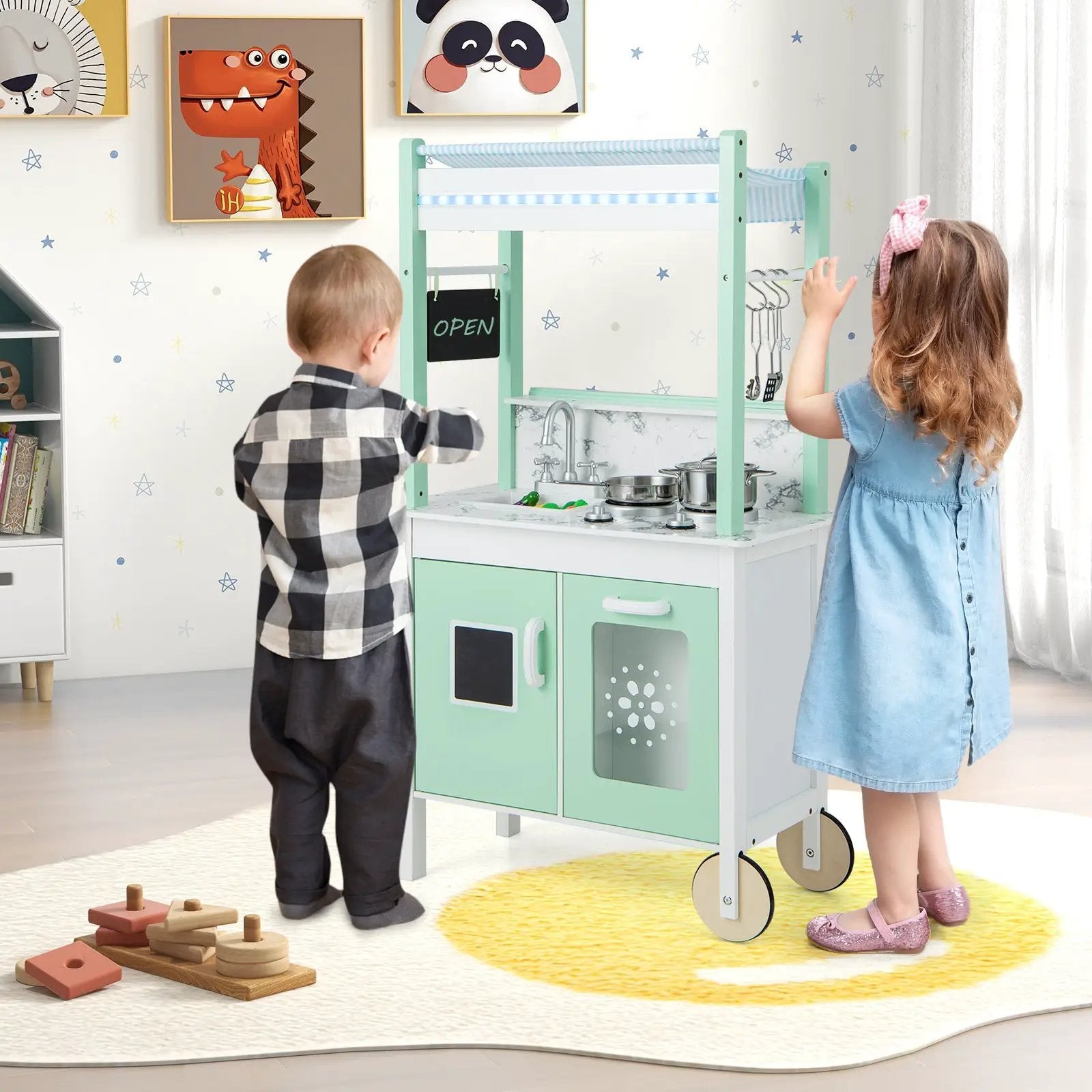 Double-sided Pretend Play Kitchen with Remote Control and LED Light Bars-Green by DirectDeals
