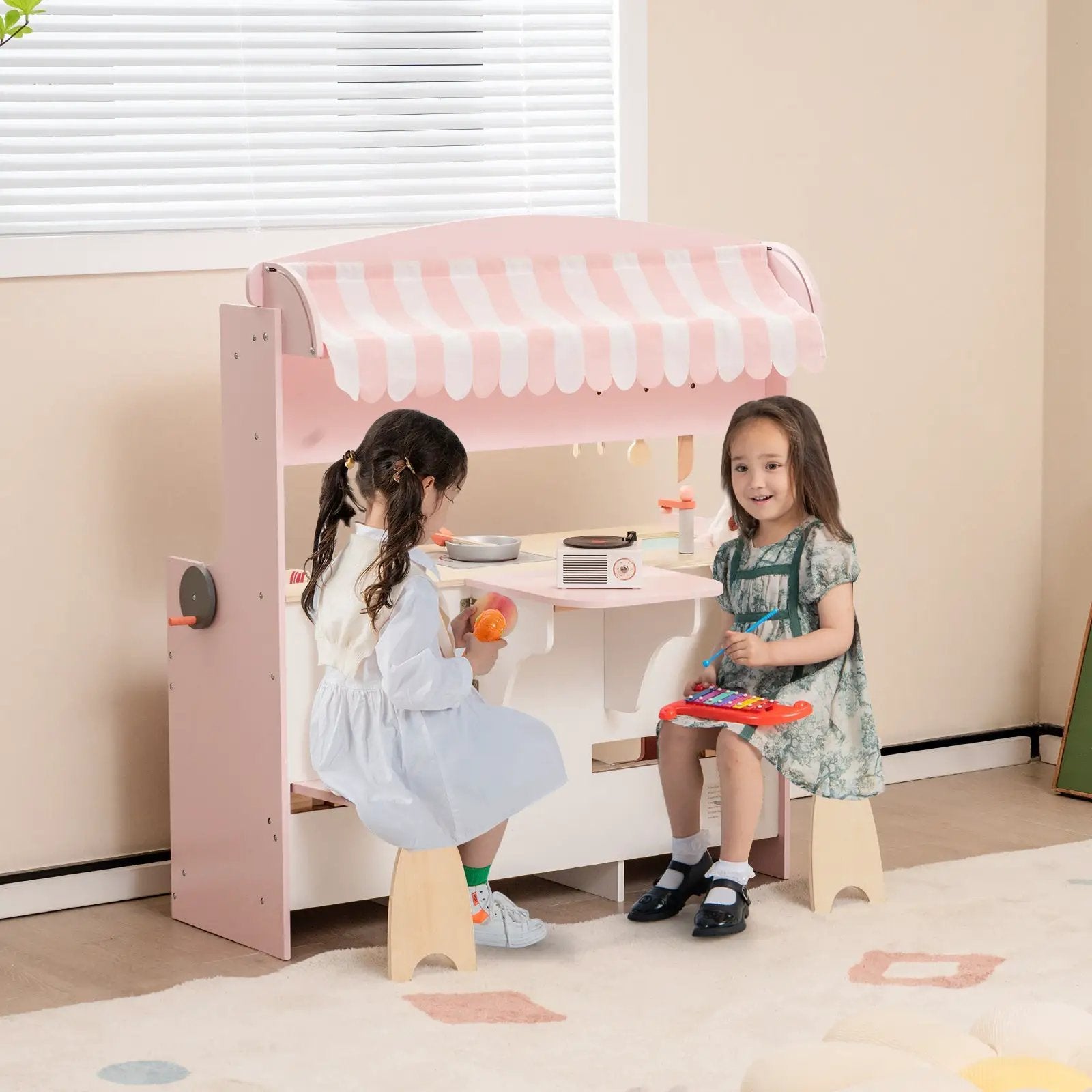 Double-Sided Kids Play Kitchen Set with Canopy and 2 Seats by DirectDeals