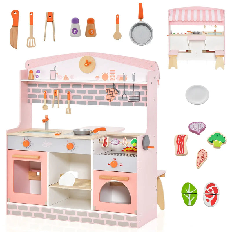 Double-Sided Kids Play Kitchen Set with Canopy and 2 Seats by DirectDeals