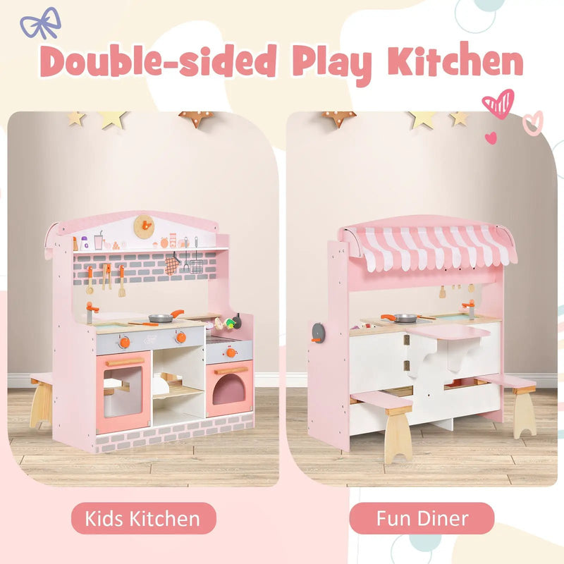 Double-Sided Kids Play Kitchen Set with Canopy and 2 Seats by DirectDeals