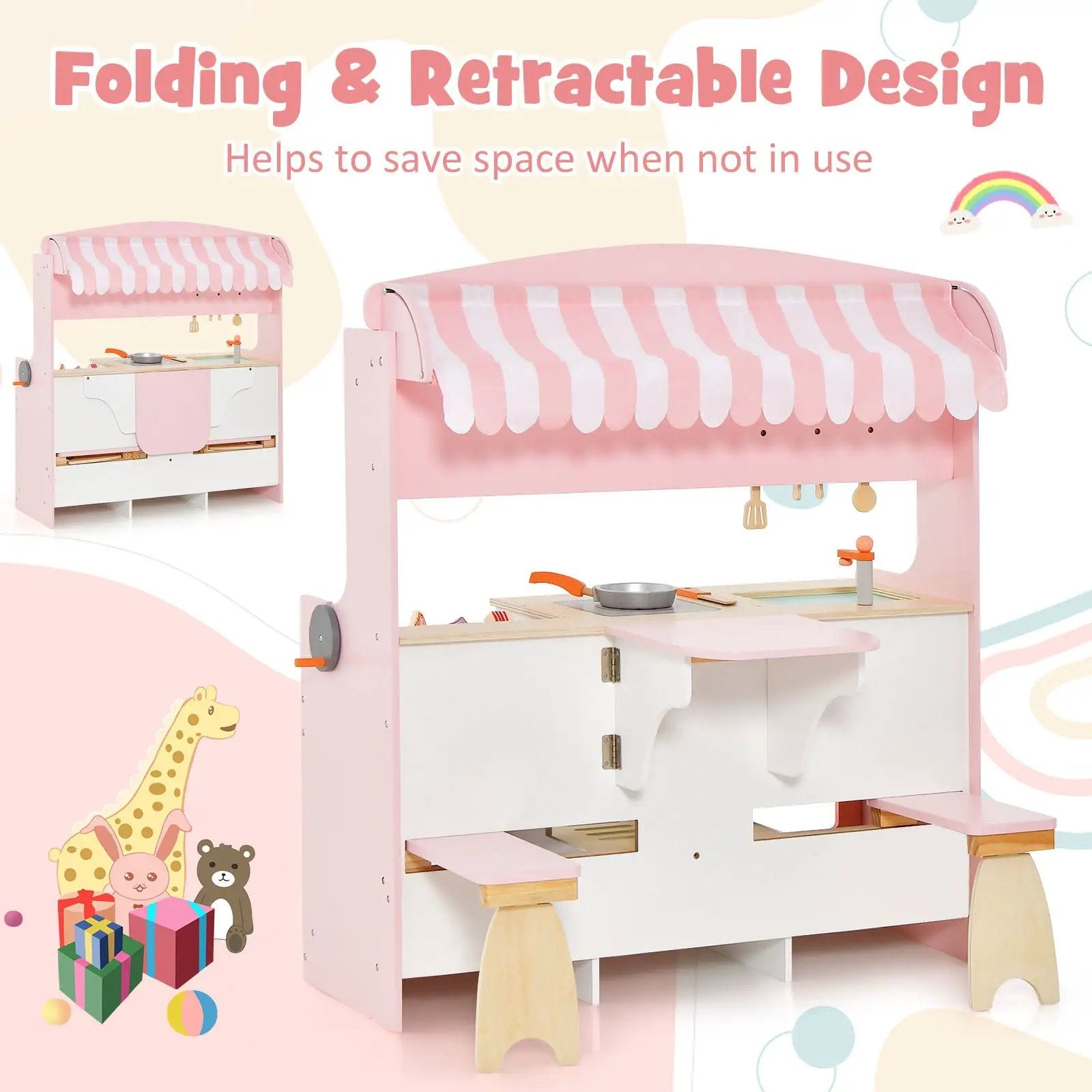 Double-Sided Kids Play Kitchen Set with Canopy and 2 Seats by DirectDeals