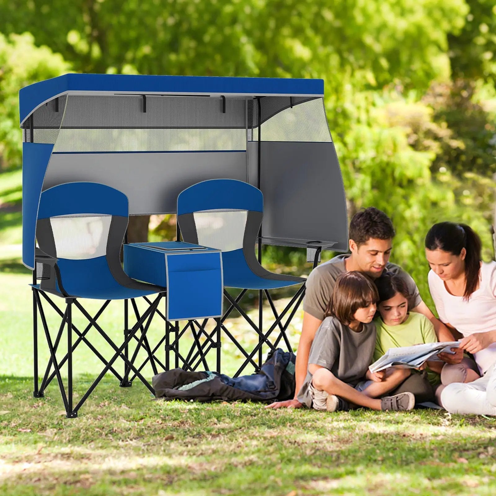 Double Beach Chair with Adjustable Canopy and 3 -Side Shading Curtains by DirectDeals