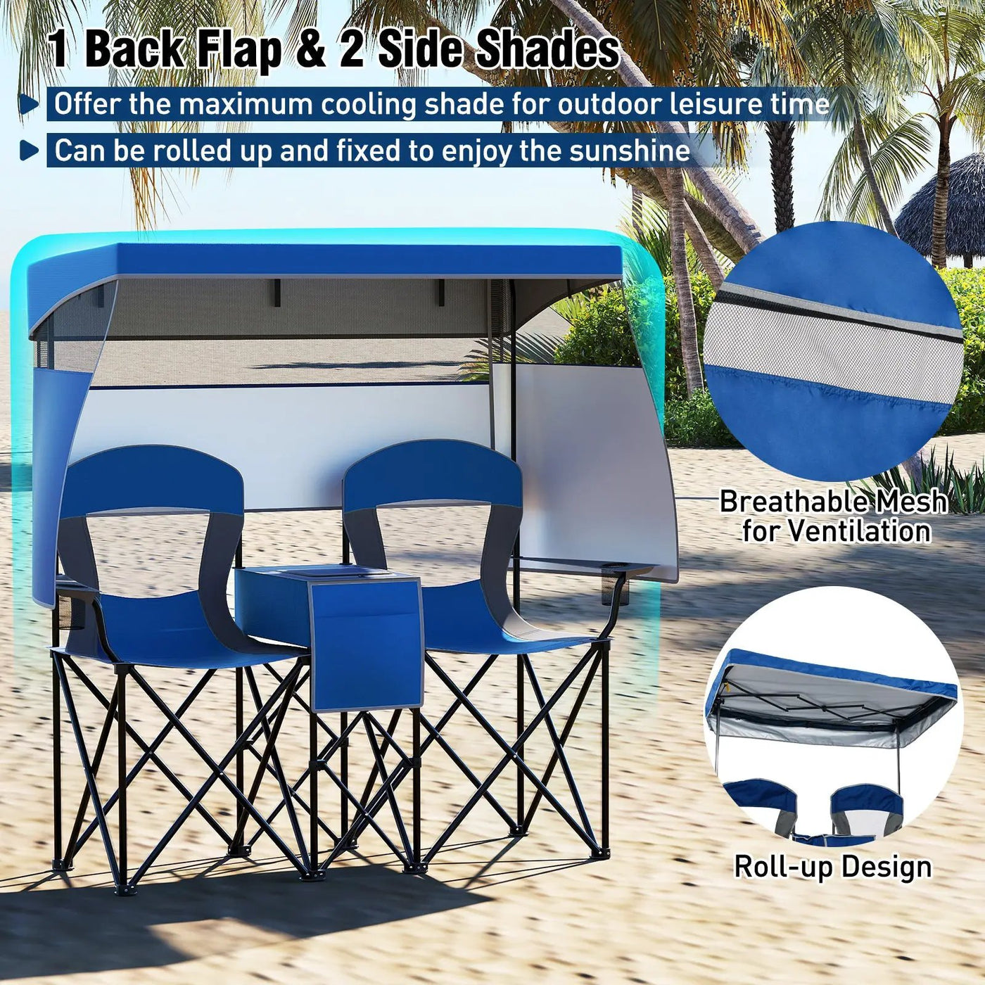 Double Beach Chair with Adjustable Canopy and 3 -Side Shading Curtains by DirectDeals