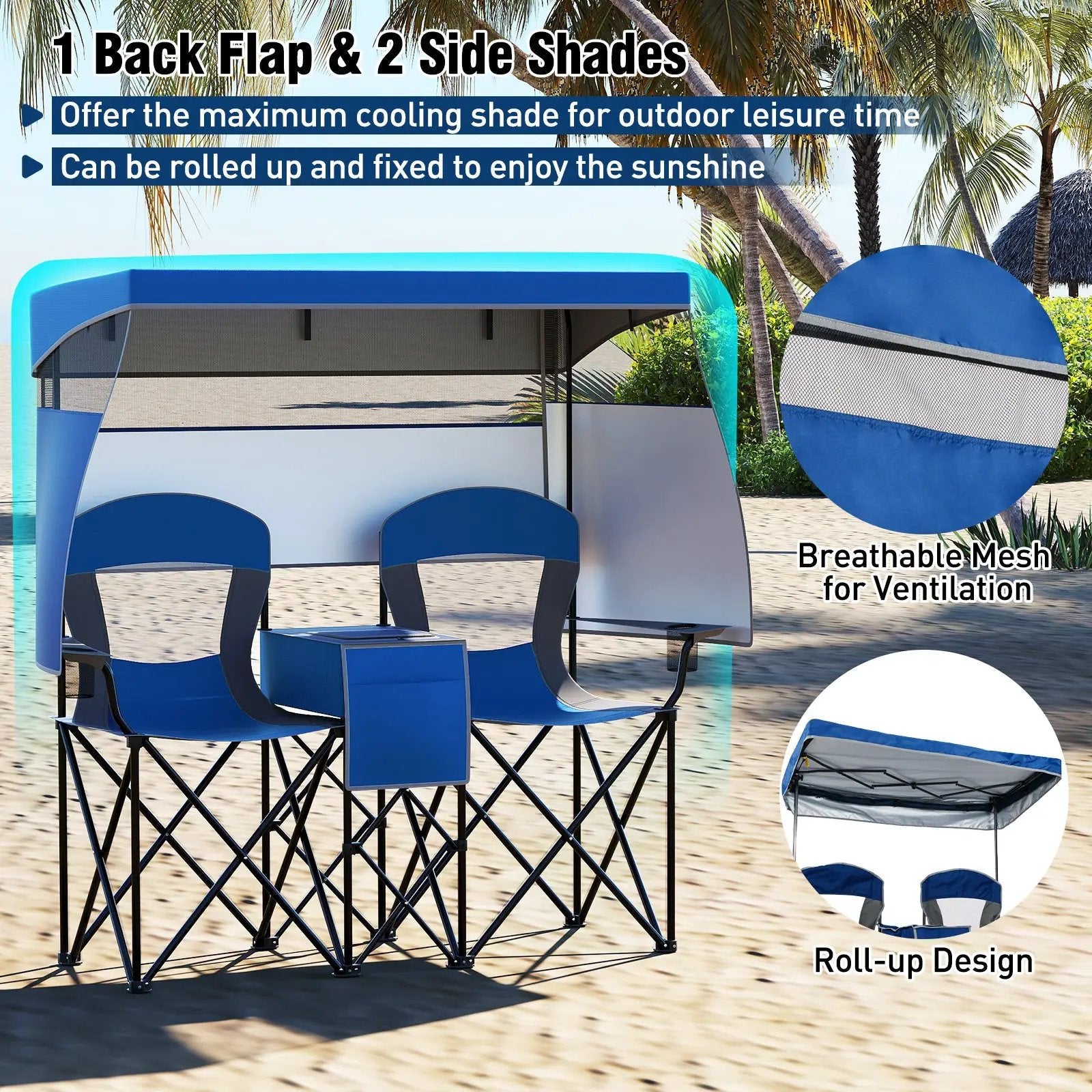 Double Beach Chair with Adjustable Canopy and 3 -Side Shading Curtains by DirectDeals