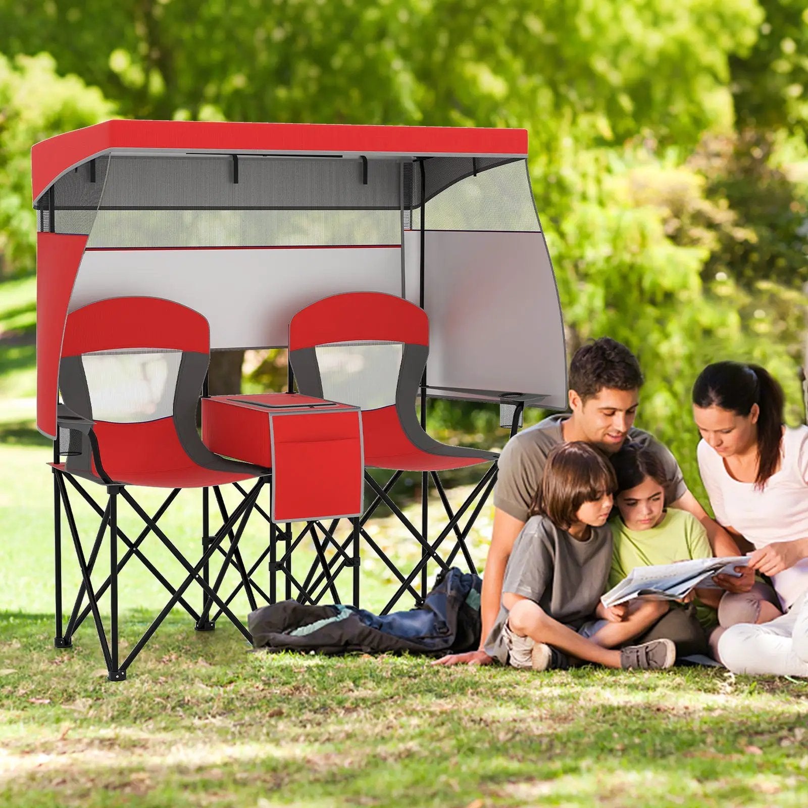 Double Beach Chair with Adjustable Canopy and 3 -Side Shading Curtains by DirectDeals