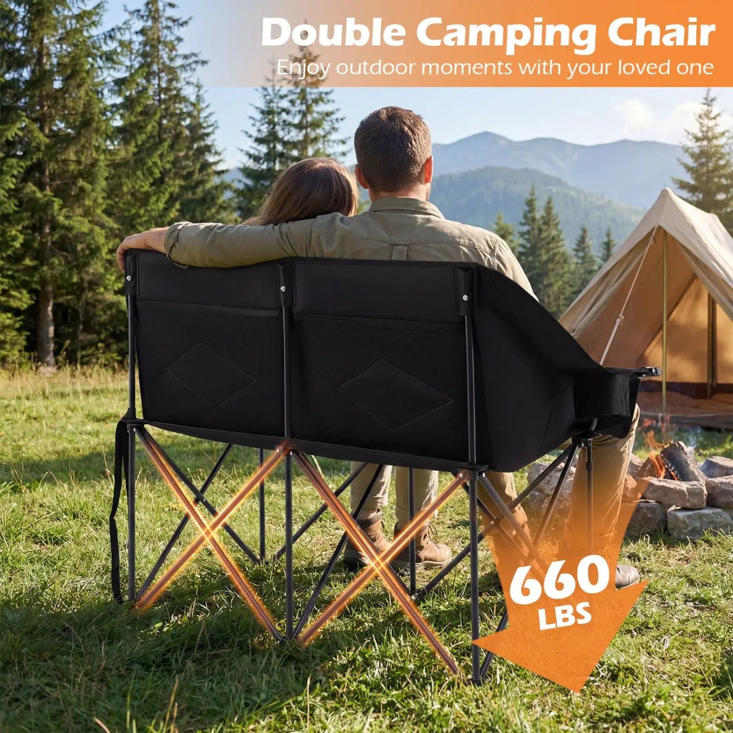 Double Camping Chair with Cup Holders Glass Racks and Mesh Pockets by DirectDeals